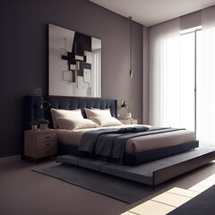 Image of a luxurious bedroom. Has an interesting decoration and a great setting out. Equipped with a queen size bed. Morning sunlight enters the room through the large windows.

