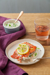 Cooked Salmon with tarter sauce and Rose