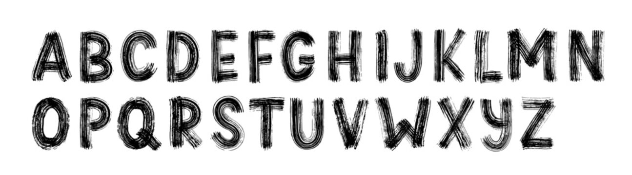 Dry brush alphabet. Hand drawn font, grunge style alphabet. Caps letters vector illustration. Handdrawn trendy font design abc. Modern calligraphy print. Alphabet uppercase letters.