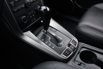 Close up of the automatic gearbox lever, Automatic transmission gearshift stick. Closeup a manual...