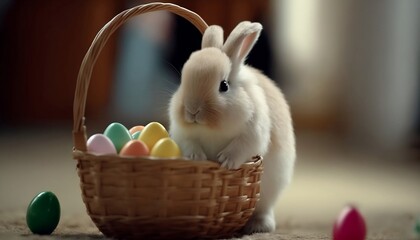 Cute rabbit in a easter basket, Generative AI