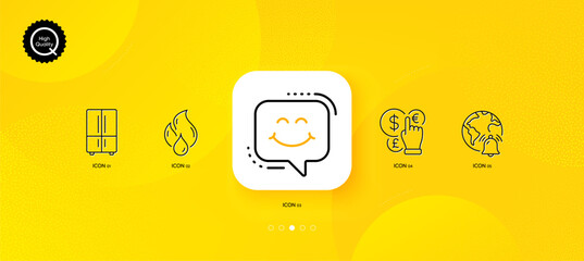 Fototapeta na wymiar Internet notification, Refrigerator and Smile chat minimal line icons. Yellow abstract background. Flammable fuel, Money currency icons. For web, application, printing. Vector