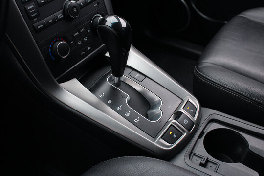 Close up of the automatic gearbox lever, Automatic transmission gearshift stick. Closeup a manual shift of modern car gear shifter.