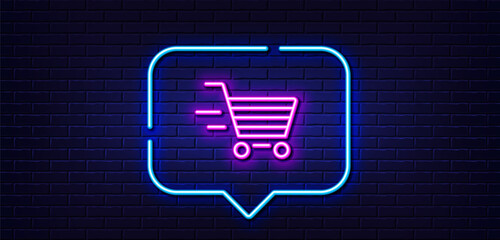 Neon light speech bubble. Delivery Service line icon. Shopping cart sign. Express Online buying. Supermarket basket symbol. Neon light background. Delivery shopping glow line. Vector