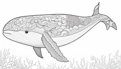 a cute coloring book for children that is still black and white, but waiting for colors and then it will become a wonderful colorful whale