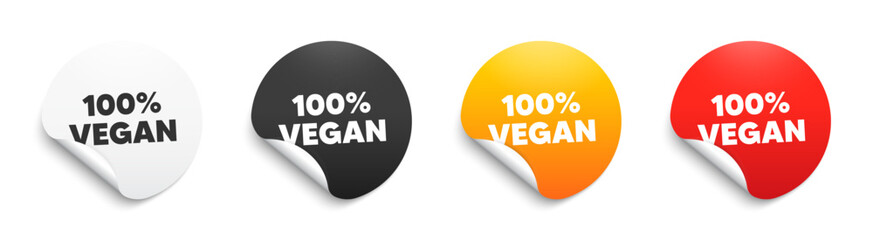 100 percent vegan text. Round sticker badge with offer. Organic bio food sign. Vegetarian product symbol. Paper label banner. Vegan food adhesive tag. Vector