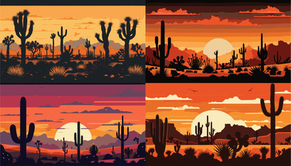 Fototapeta na wymiar Majestic Sunset over a Desert Landscape with Cacti Silhouettes 