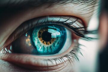 Fototapeta na wymiar Female Blue Eye With Long Lashes Close Up. Human Eye Macro Detail. Generative ai.