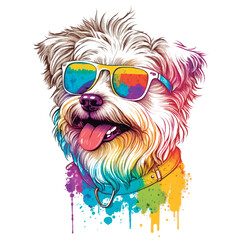 Cute happy dog wearing sunglasses. Artwork for t-shirt print.