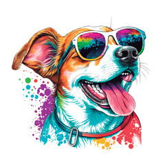 Cute happy dog wearing sunglasses. Artwork for t-shirt print.