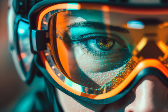 Action extreme sport concept. Closeup of a confident woman Wearing Ski Goggles looking to camera.