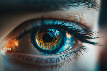 Fototapeta na wymiar Macro photo of human eye, iris, pupil, eye lashes, eye lids. Vision optical care concept. Generative ai.