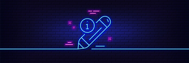 Neon light glow effect. Edit line icon. Information pencil sign. Drawing info symbol. 3d line neon glow icon. Brick wall banner. Edit outline. Vector