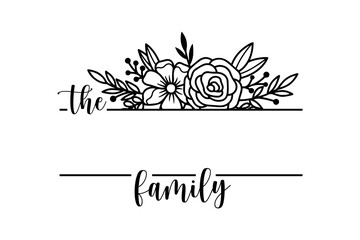Hand lettering Family name monogram split monogram the family welcome home sign wedding floral ornament wreath border frame greeting card invitation
