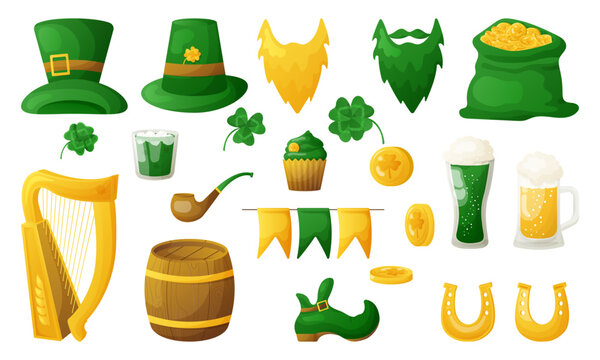 Set of elements for St. Patrick's Day. Good luck symbols. Green hats, boot, horseshoes, clover, harp