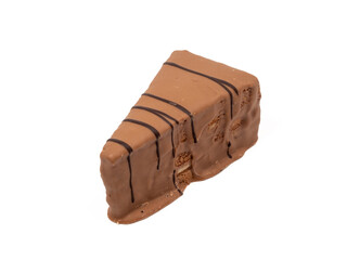 Piece of chocolate cake isolated on white background. A slice of chocolate cake.