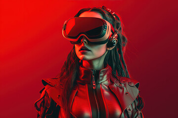 Beautiful woman wearing VR glasses, futuristic fashion style, generative AI