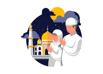 Flat Design Illustration of Kids Praying Under the Crescent Moon in Ramadan