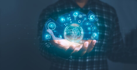 Ai technology concept, Artificial Intelligence. man using technology smart robot AI components for innovation and Futuristic technology transformation.,for generates Machine learning Big data.