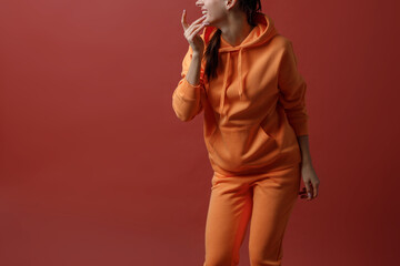 Young positive smiling woman in orange fitness sport outfit cloth dancing.