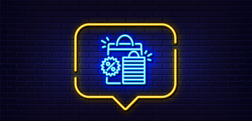 Neon light speech bubble. Discount line icon. Sale shopping bags sign. Clearance symbol. Neon light background. Shopping bags glow line. Brick wall banner. Vector