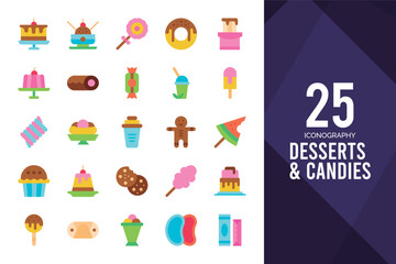 25 Desserts and Candies Flat icon pack. vector illustration.