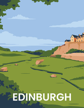 landscape background Old town Edinburgh in Scotland UK. vector illustration with colored style for poster, postcard, card, print.