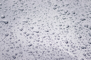 Obraz premium Raindrops on the car. Car element with raindrops close-up. Doors and door handle and glass of a black car in raindrops. Big raindrops on the car very close