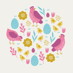 Easter greeting card with hen, chicken, egg, tulip, leaves, flowers