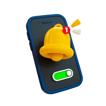 3d minimal turn-on notification concept. New update reminder. New notification alert. Smartphone with a bell icon and switch toggle button. 3d illustration.