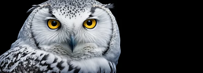 Foto op Plexiglas Uiltjes White snowy owl portrait of the head and close up of the yellow eyes on black background.  Image created with generative ai