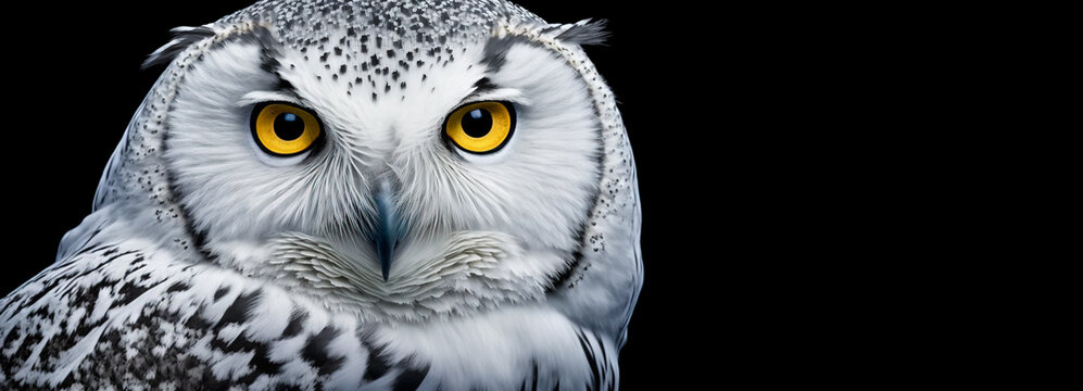 White snowy owl portrait of the head and close up of the yellow eyes on black background.  Image created with generative ai