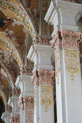 Magnificent opulent splendid Bavarian baroque church cathedral basilica interiors with stucco,...