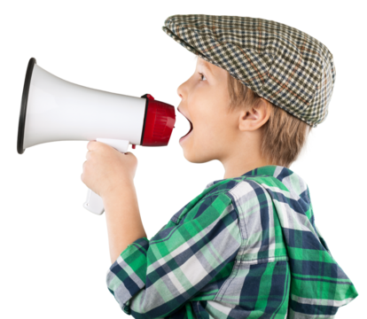 Little boy using megaphone shouting on white background