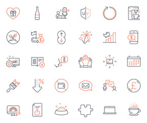 Business icons set. Included icon as Consulting business, Calendar and Vote web elements. Coffee maker, Reject book, Phone payment icons. Brush, Champagne bottle, Scroll down web signs. Vector