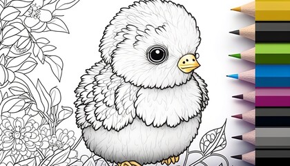 Obraz premium a cute coloring book for children that is still black and white, but waiting for colors and then it will become a wonderful colorful chick