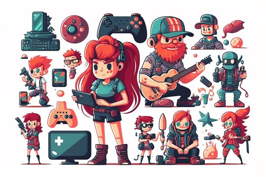 A girl playing a guitar and other people playing video games and playing games on the wii game art pixel art pixel art