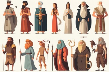 A set of different types of people dressed in medieval clothing and holding spears and shields epic fantasy character art a storybook illustration fantasy art