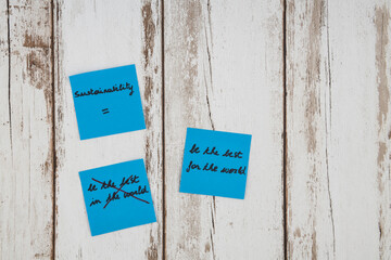 blue sticky notes on a white wooden wall with text about durability - sustainability. Not to be the best in the world, but to be the best for the world