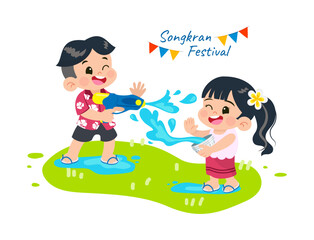 Songkran festival vector illustration. Kids enjoy playing water gun