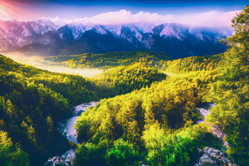 Obraz premium Scenic landscape of lush forest with rivers and snowy mountains with sunrays through clouds, created with Generative AI technology