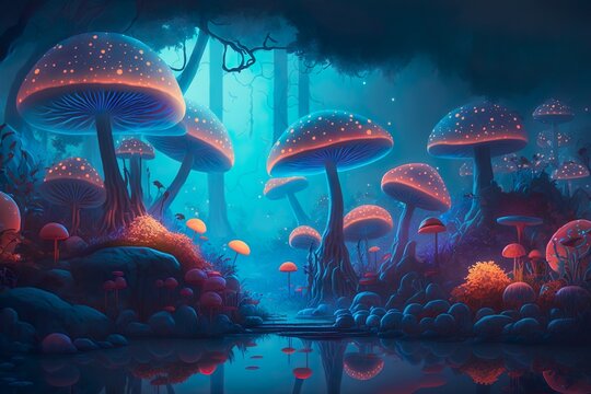 Glowing mushroo in magical forest, Generative AI