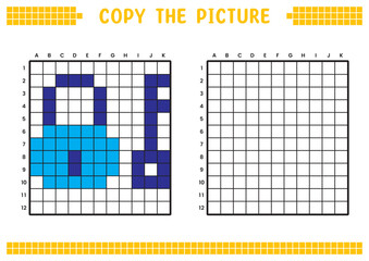 Copy the picture, complete the grid image. Educational worksheets drawing with squares, coloring areas. Preschool activities, children's games. Cartoon vector illustration, pixel art. Padlock and key.