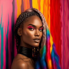 Generative ai colorful art fashion portrait black young woman posing