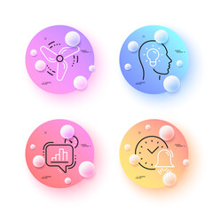 Alarm bell, Statistics timer and Idea head minimal line icons. 3d spheres or balls buttons. Wind energy icons. For web, application, printing. Time, Growth chart, Lightbulb. Ventilator. Vector