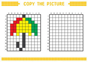 Copy the picture, complete the grid image. Educational worksheets drawing with squares, coloring cell areas. Preschool activities, children's games. Cartoon vector illustration, pixel art. Umbrella.