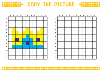 Copy the picture, complete the grid image. Educational worksheets drawing with squares, coloring cell areas. Preschool activities, children's games. Cartoon vector illustration, pixel art. Crown king.