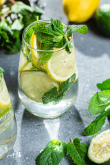 Cold lemonade with mint, lemon and lime in a glass. Preparation of lemonade
