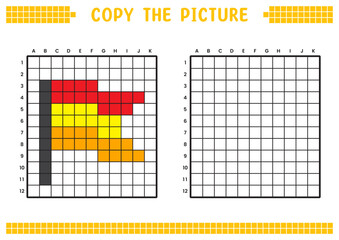 Copy the picture, complete the grid image. Educational worksheets drawing with squares, coloring cell areas. Preschool activities, children's games. Cartoon vector illustration, pixel art. Flag.