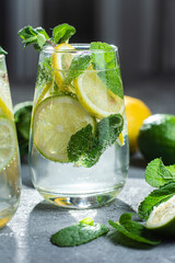 Cold lemonade with mint, lemon and lime in a glass. Preparation of lemonade